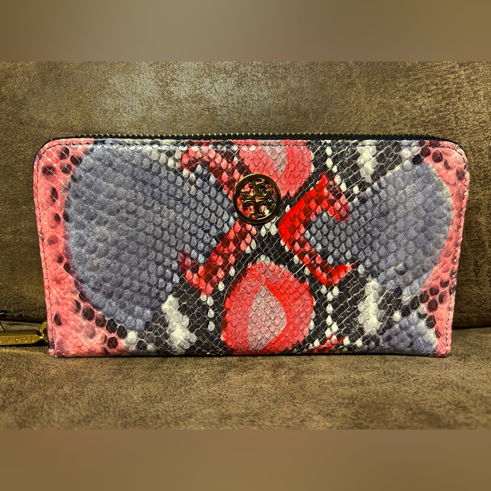 Tory Burch Python Embossed Leather Zip Around Con… - image 1